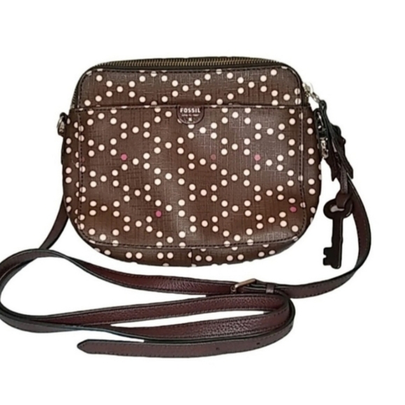 Fossil Crossbody Bag | EUC | Leather Trim | Brown, Polka Dots | Key Charm - Picture 1 of 16
